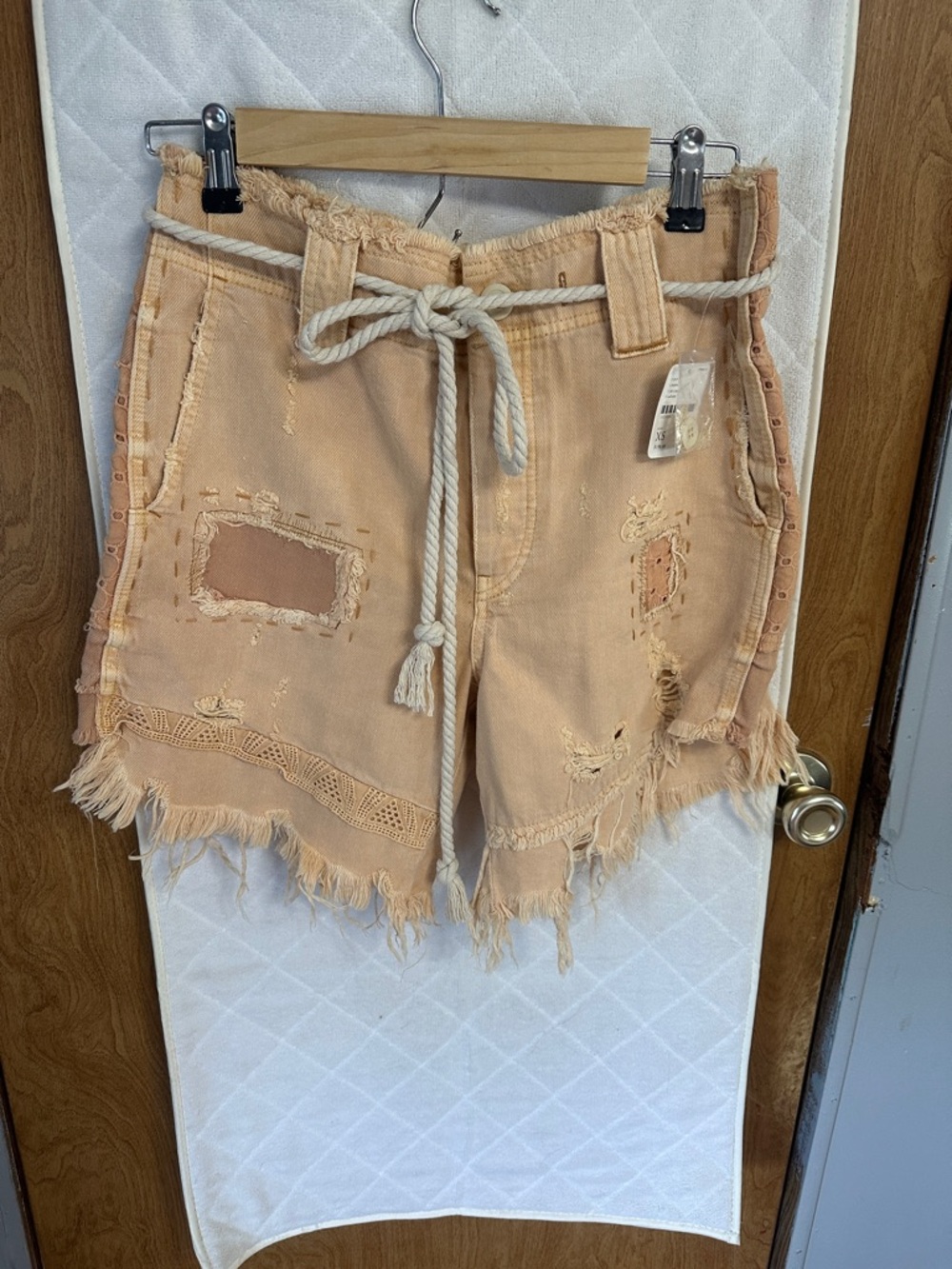 Free People Peach Distressed Rope-Waist Jean Shorts